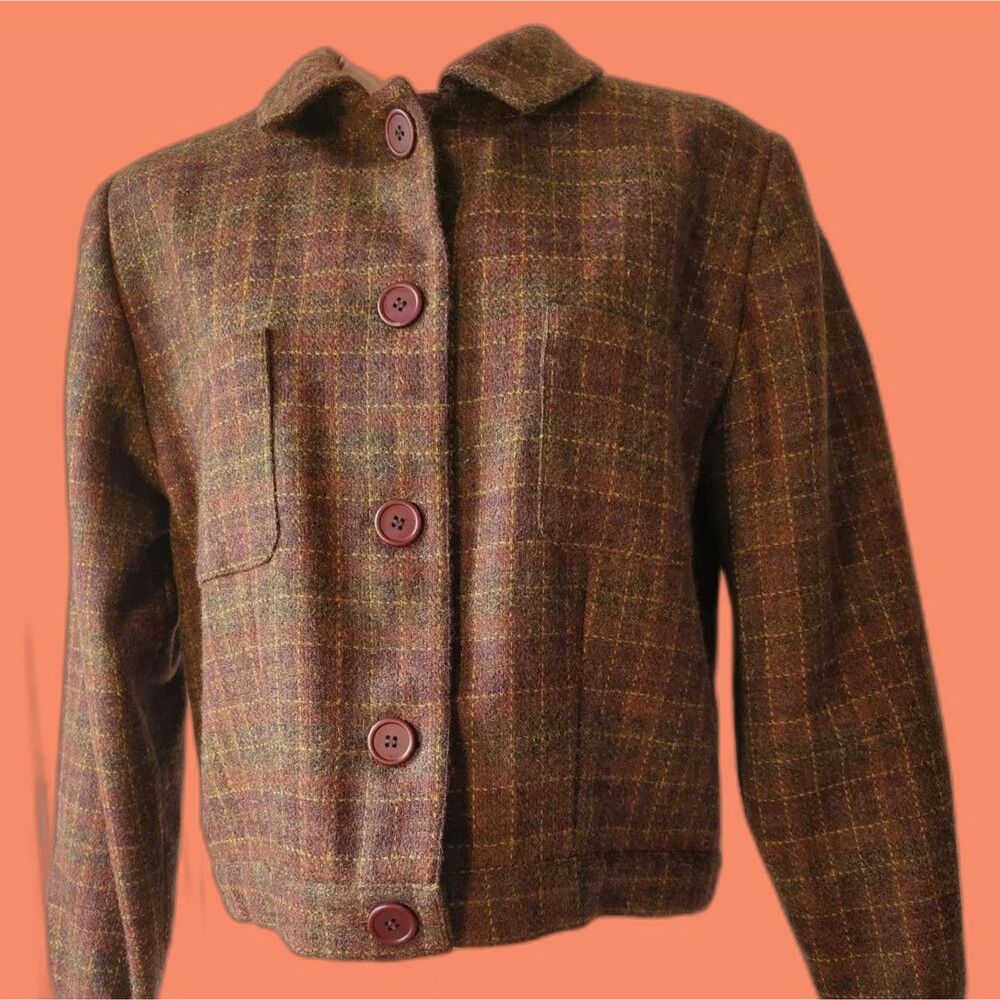 Vtg 100% Wool Autumn Leaves Brown Checked Plaid Tweed Bomber Jacket - Picture 11 of 11